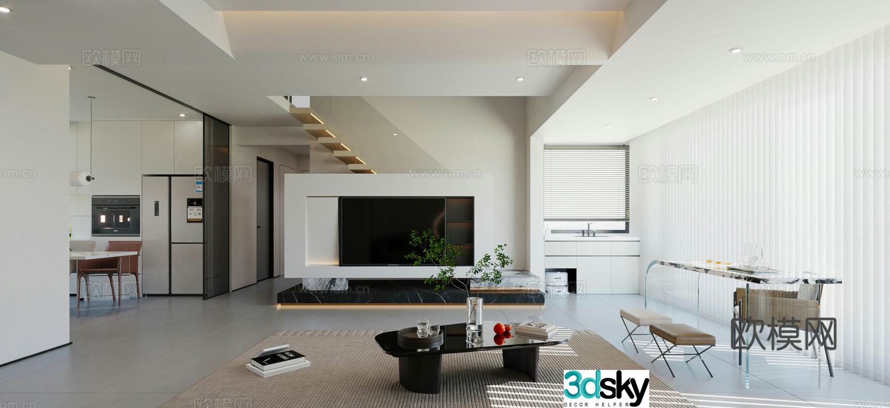 Modern living and dining room TV wall island dining table and chair balcony tea table stairs open kitchen sand 3d model