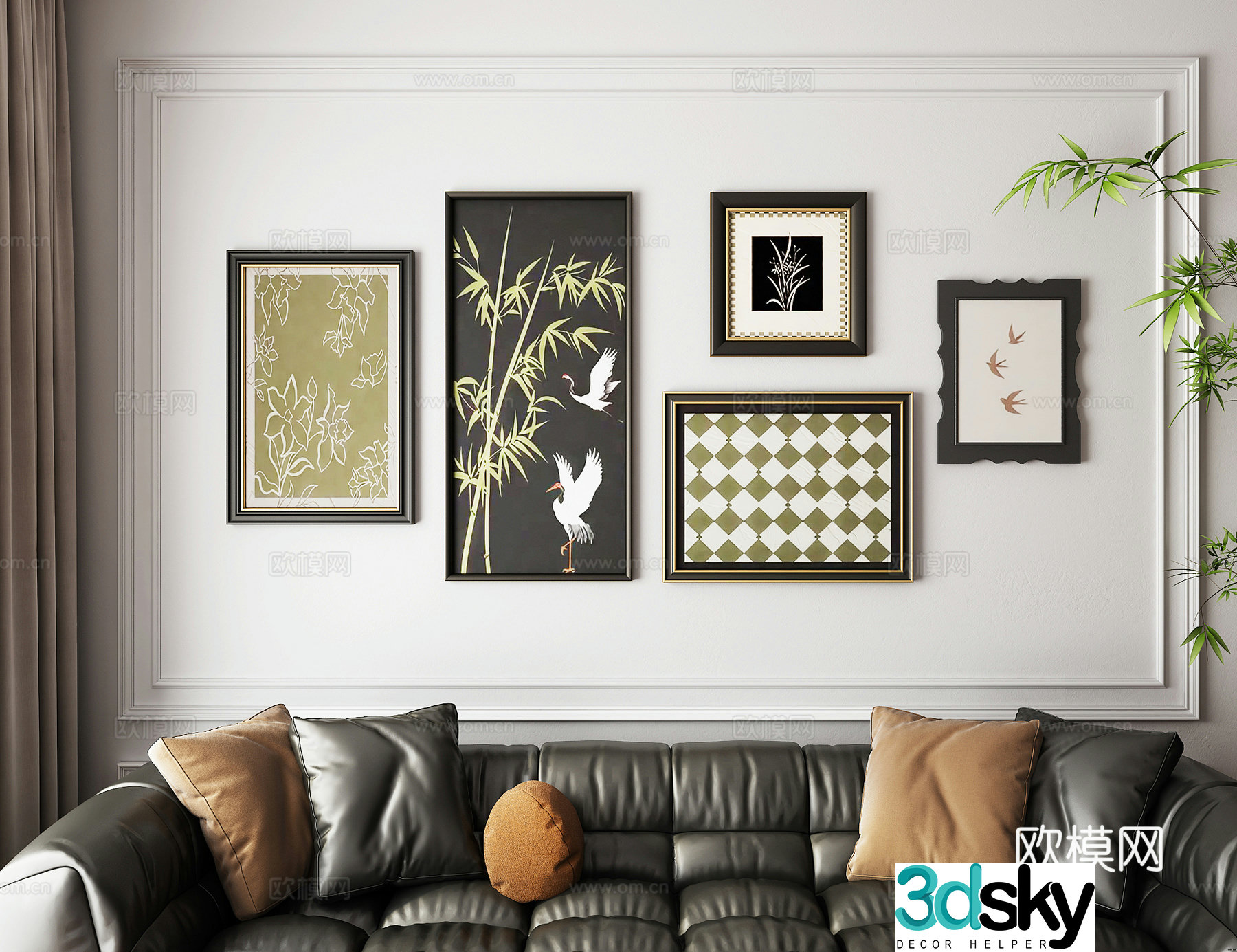 Middle-aged sofa background combination hanging painting photo wall 3d model