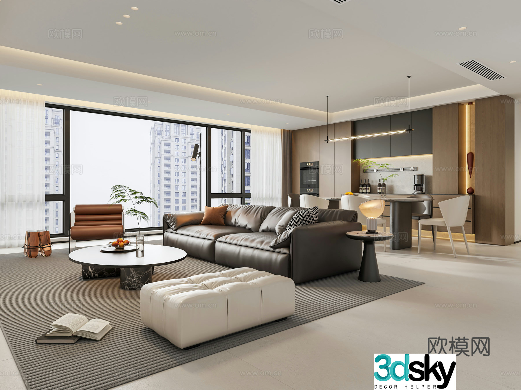 Italian light luxury home living room large flat-level horizontal hall without owner lights sofa and coffee table combination dining table and chair 3D model