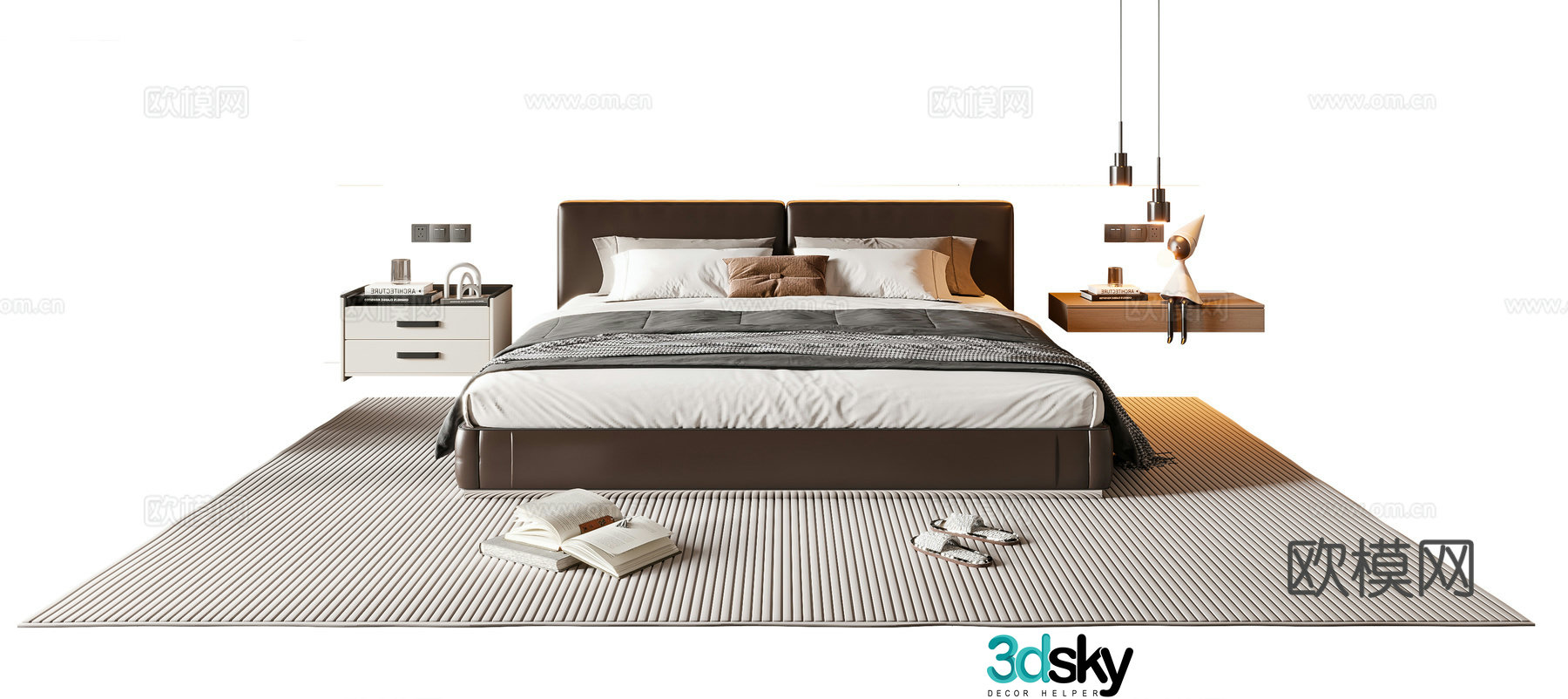 Modern Italian double bed leather double bed nightstand chandeliers carpet 3d model