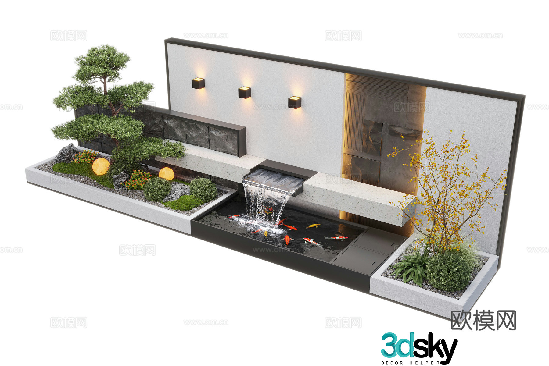 Modern courtyard waterscape waterscape wall stacked water landscape plants fish pond 3d model