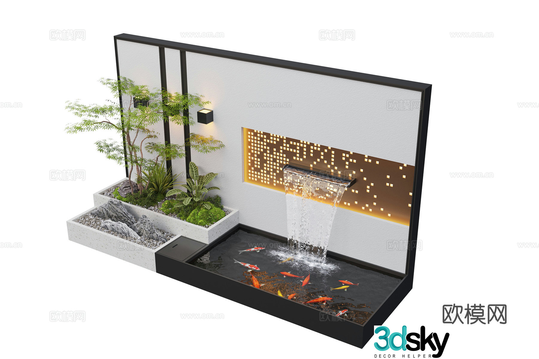 Modern courtyard waterscape waterscape wall stacked water landscape plants fish pond 3d model
