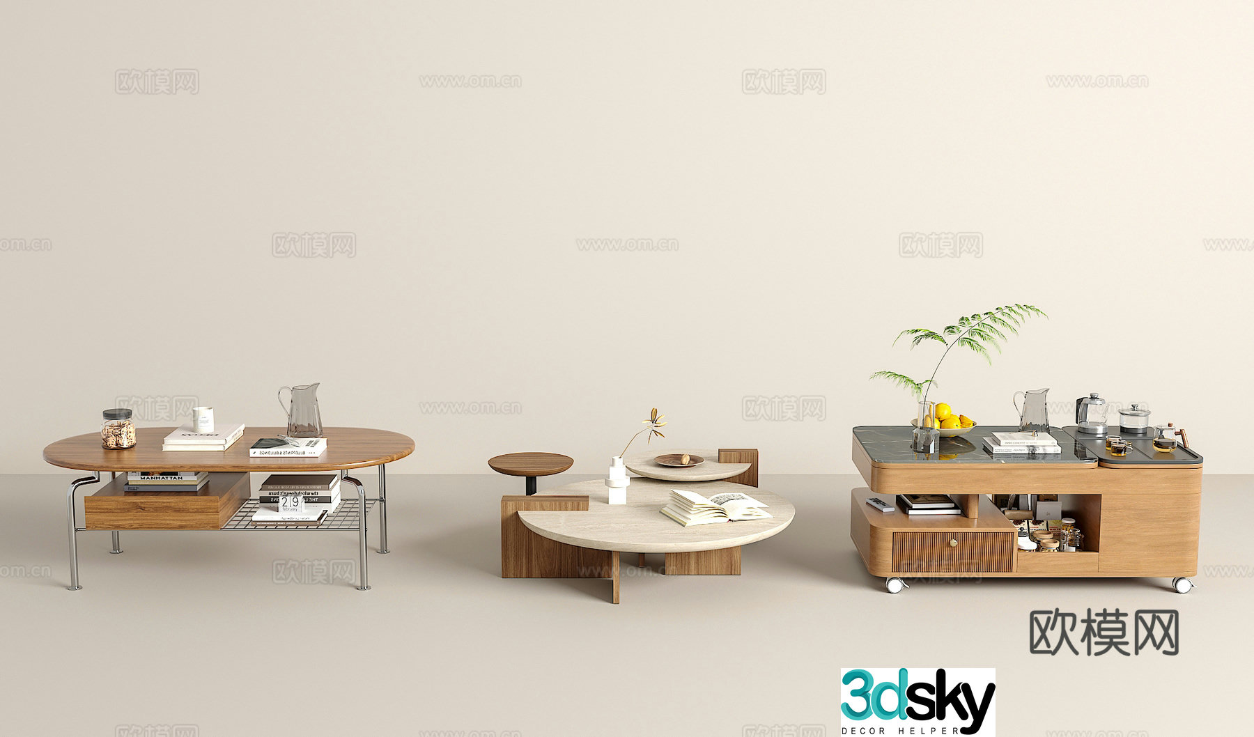 Coffee table combination green plants jewelry ornaments book 3d model