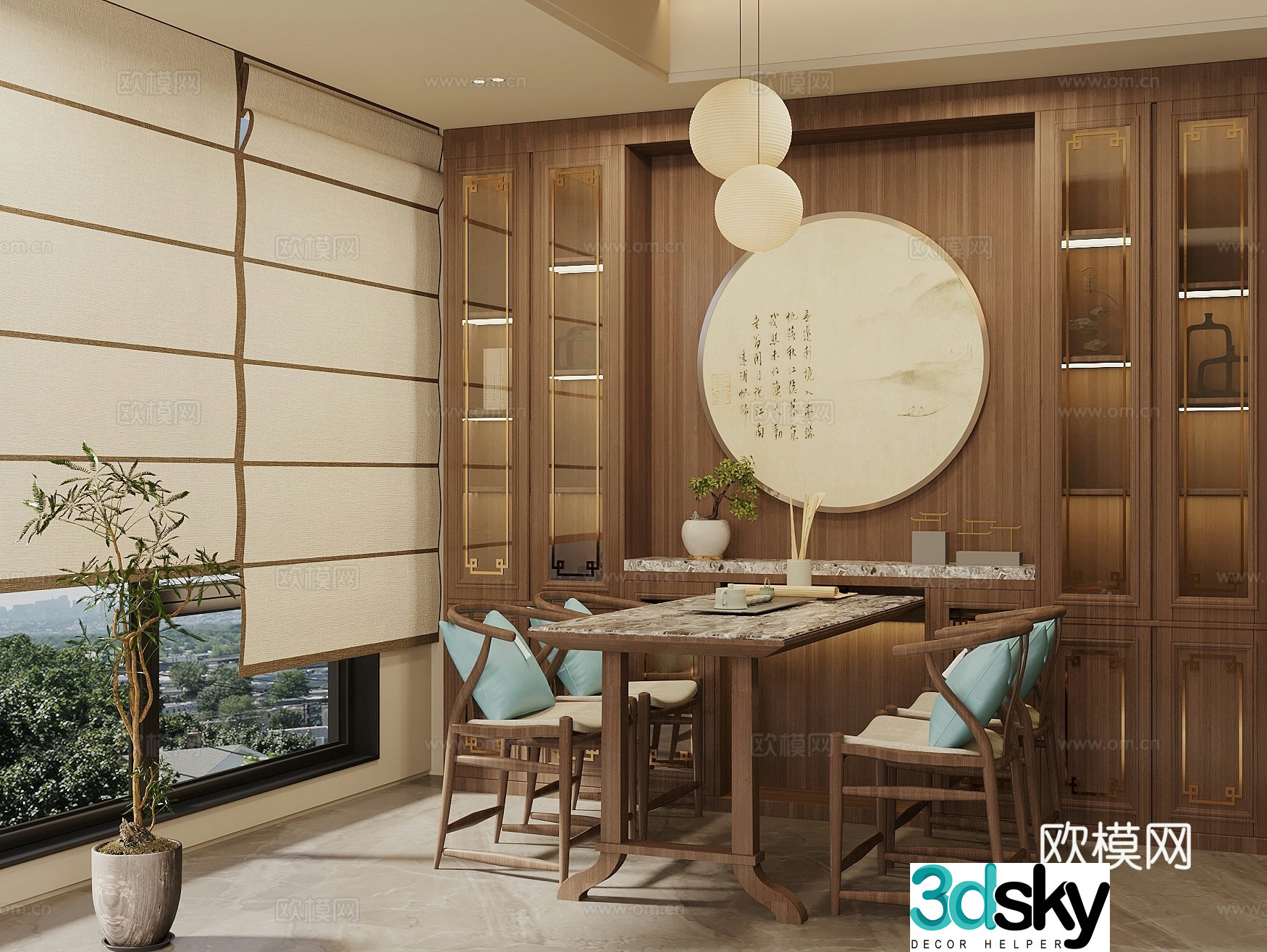Song style new stroke restaurant wine cabinet sideboard dining seat combination Song style wall decoration Song style chandelier 3D model