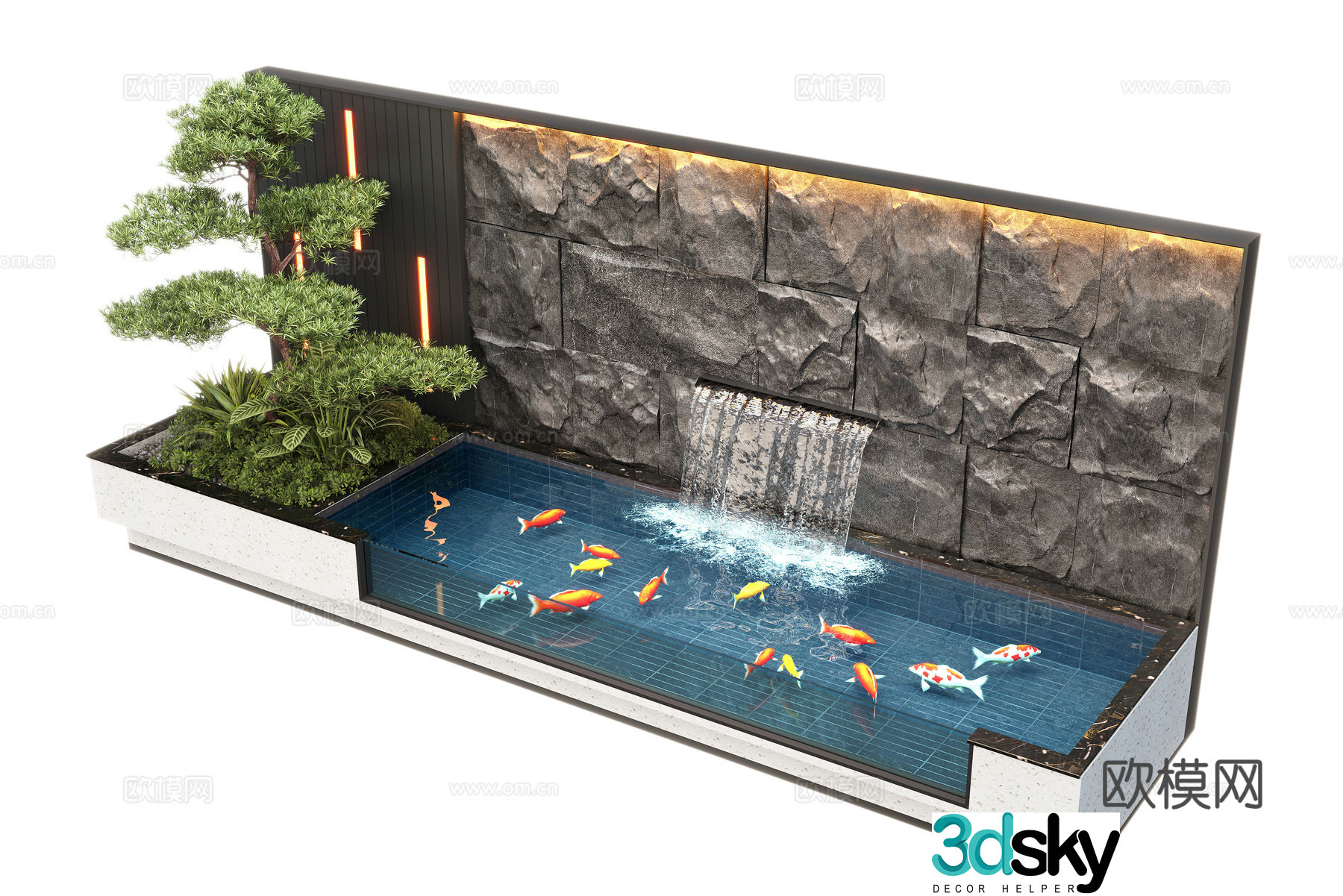 Modern courtyard waterscape waterscape wall stacked water landscape plants fish pond 3d model