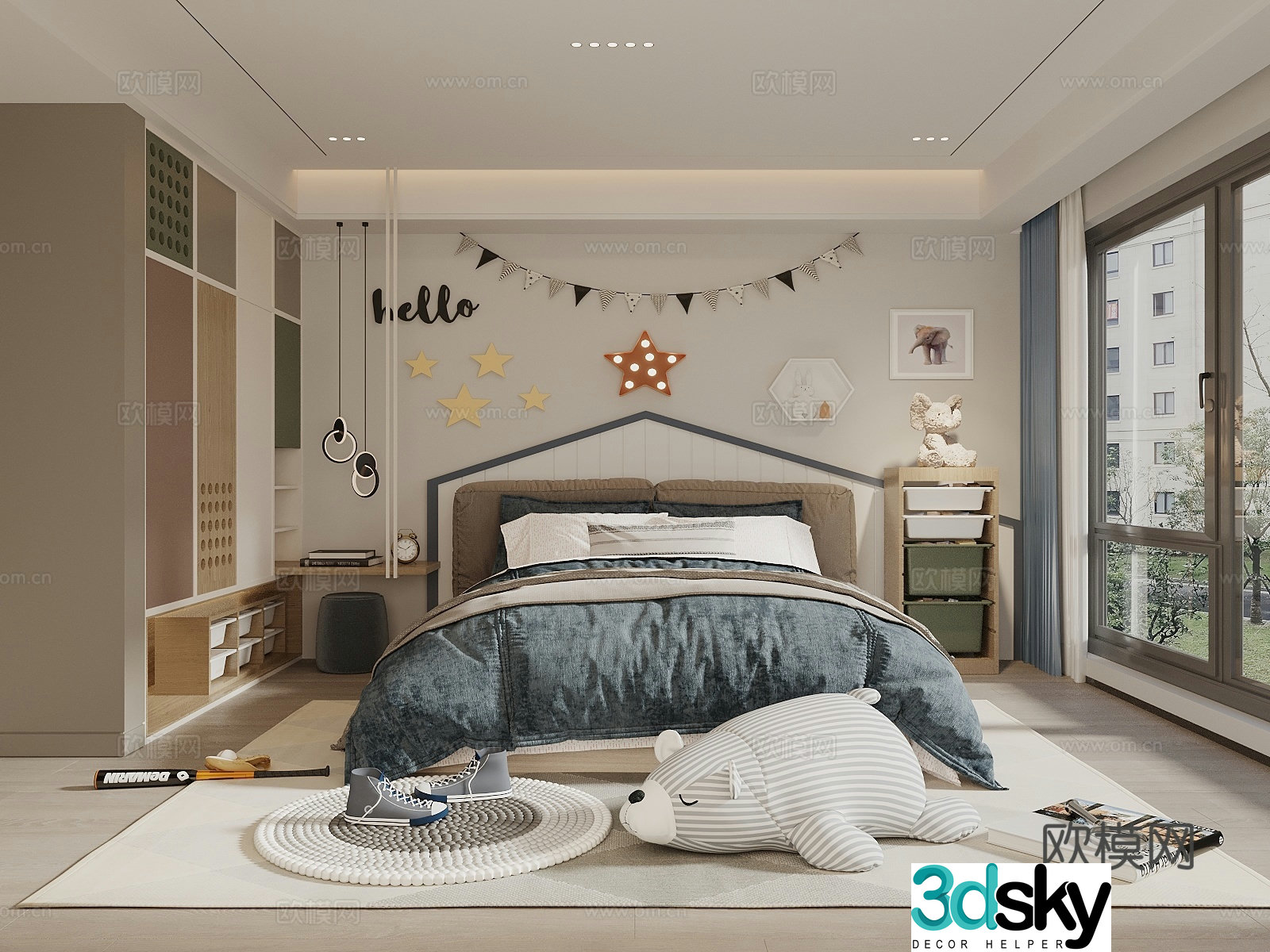 Modern boy children’s room children’s bed single chair children’s wall decoration toys children’s wardrobe 3d model