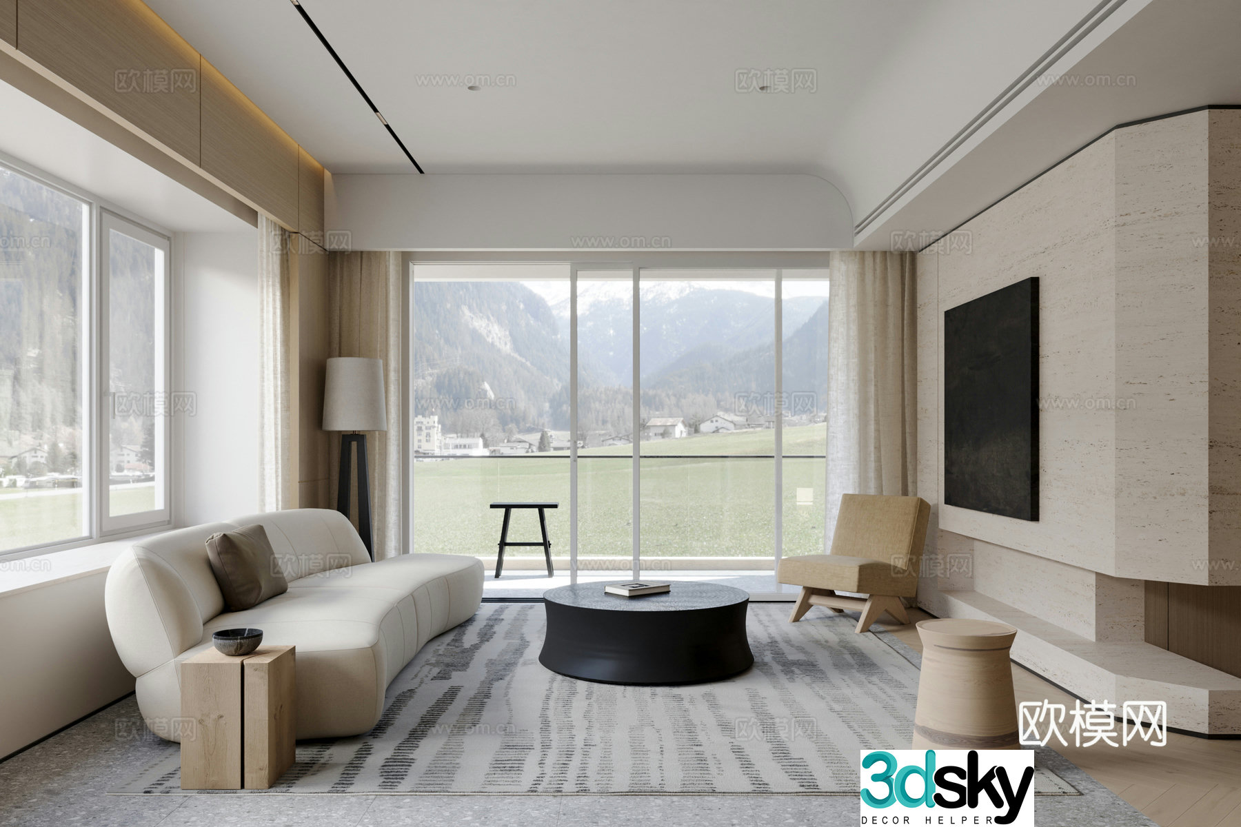 Modern Creamy Living Room 3D Model