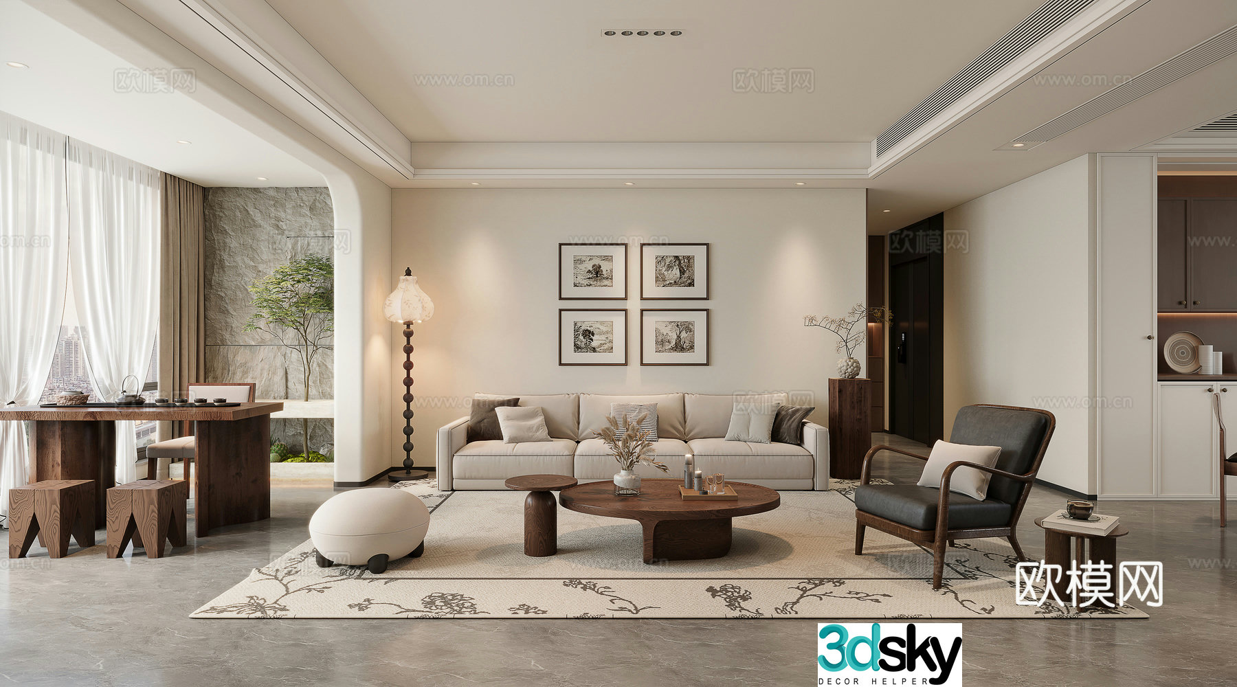 Middle style living room sofa background tea table 3d model