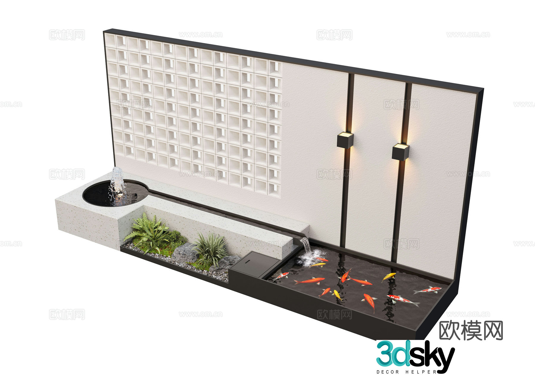Modern courtyard waterscape waterscape wall stacked water landscape plants fish pond 3d model