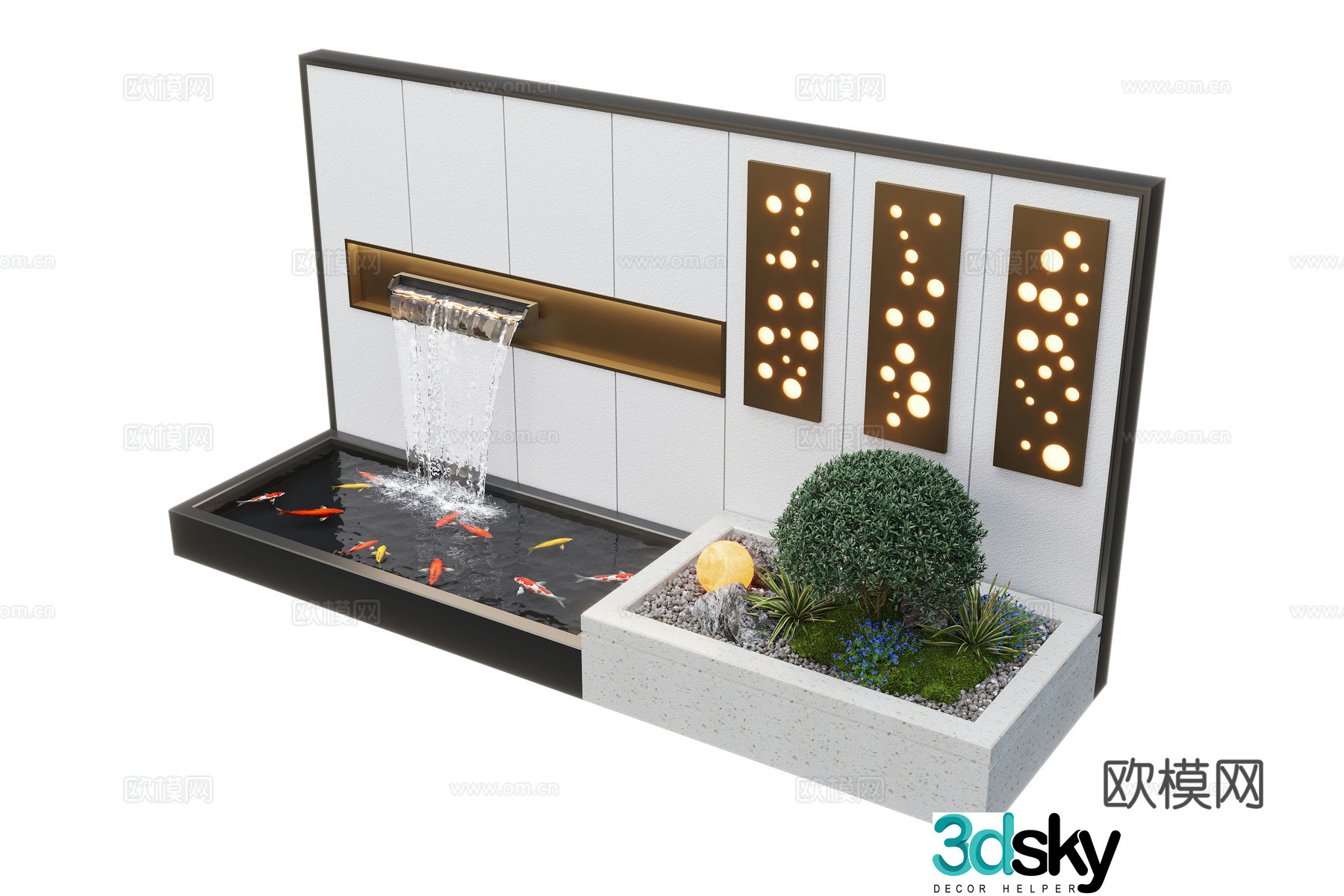 Modern courtyard waterscape waterscape wall stacked water landscape plants fish pond 3d model