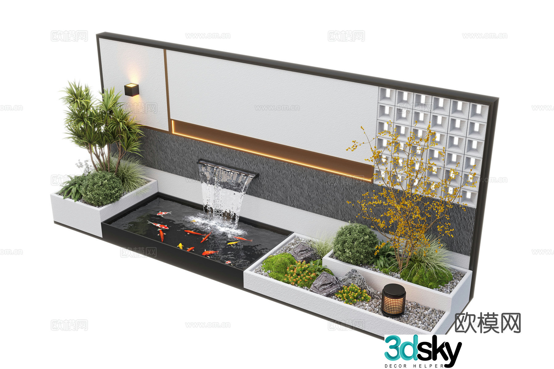Modern courtyard waterscape waterscape wall stacked water landscape plants fish pond 3d model