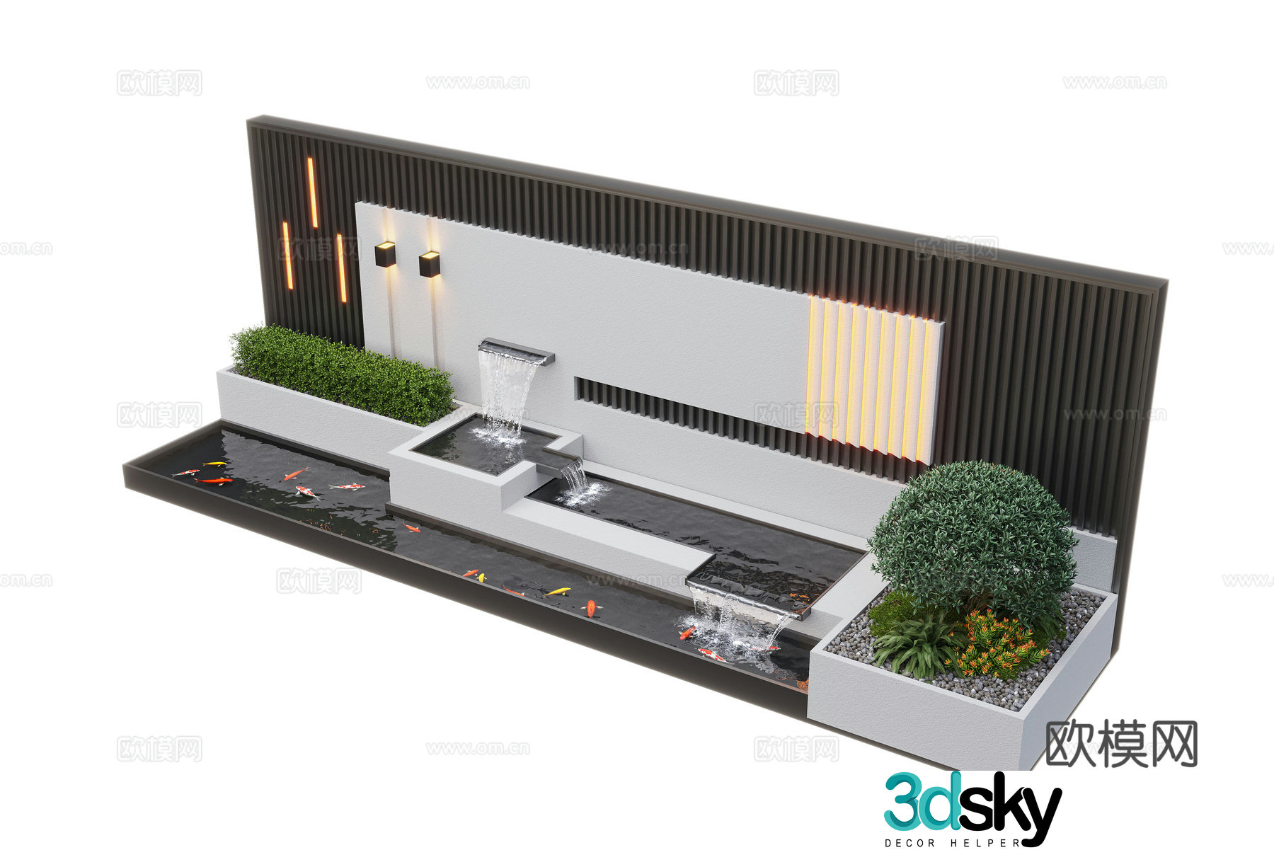 Modern courtyard waterscape waterscape wall stacked water landscape plants fish pond 3d model