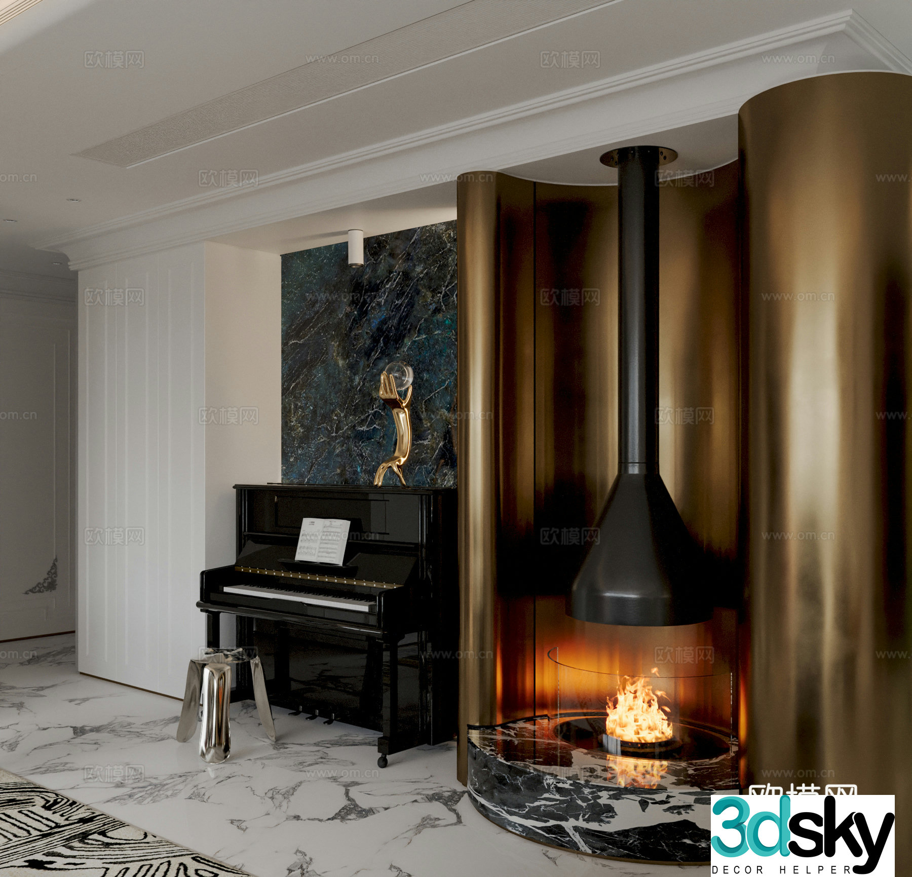 Modern piano room fireplace 3d model