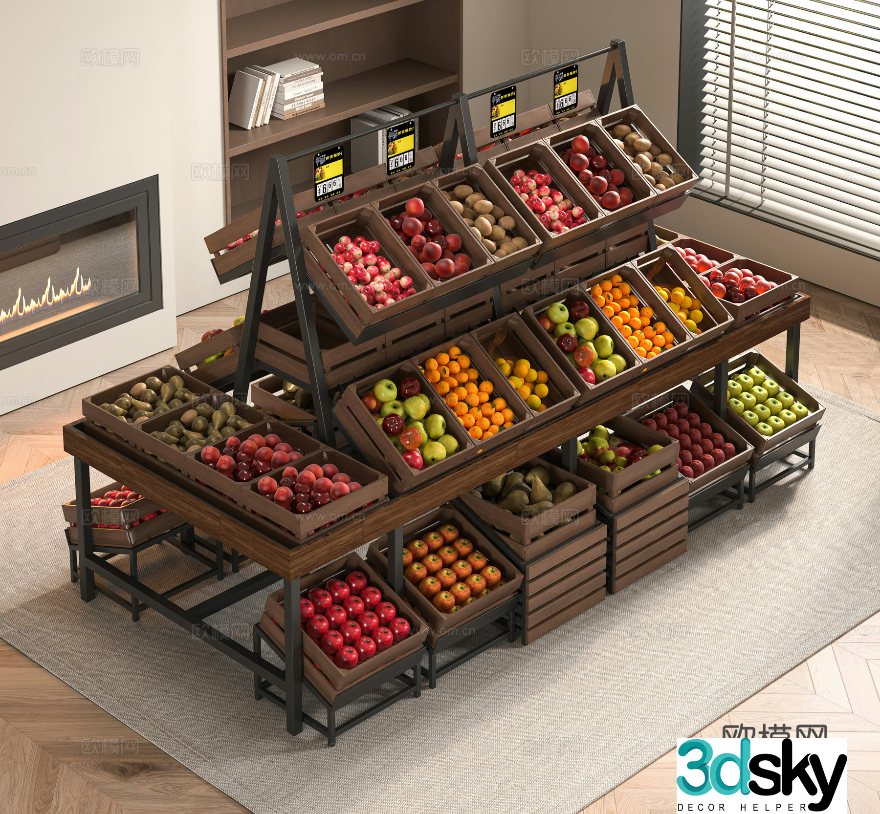 Modern fresh fruits and vegetables shelves 3D model