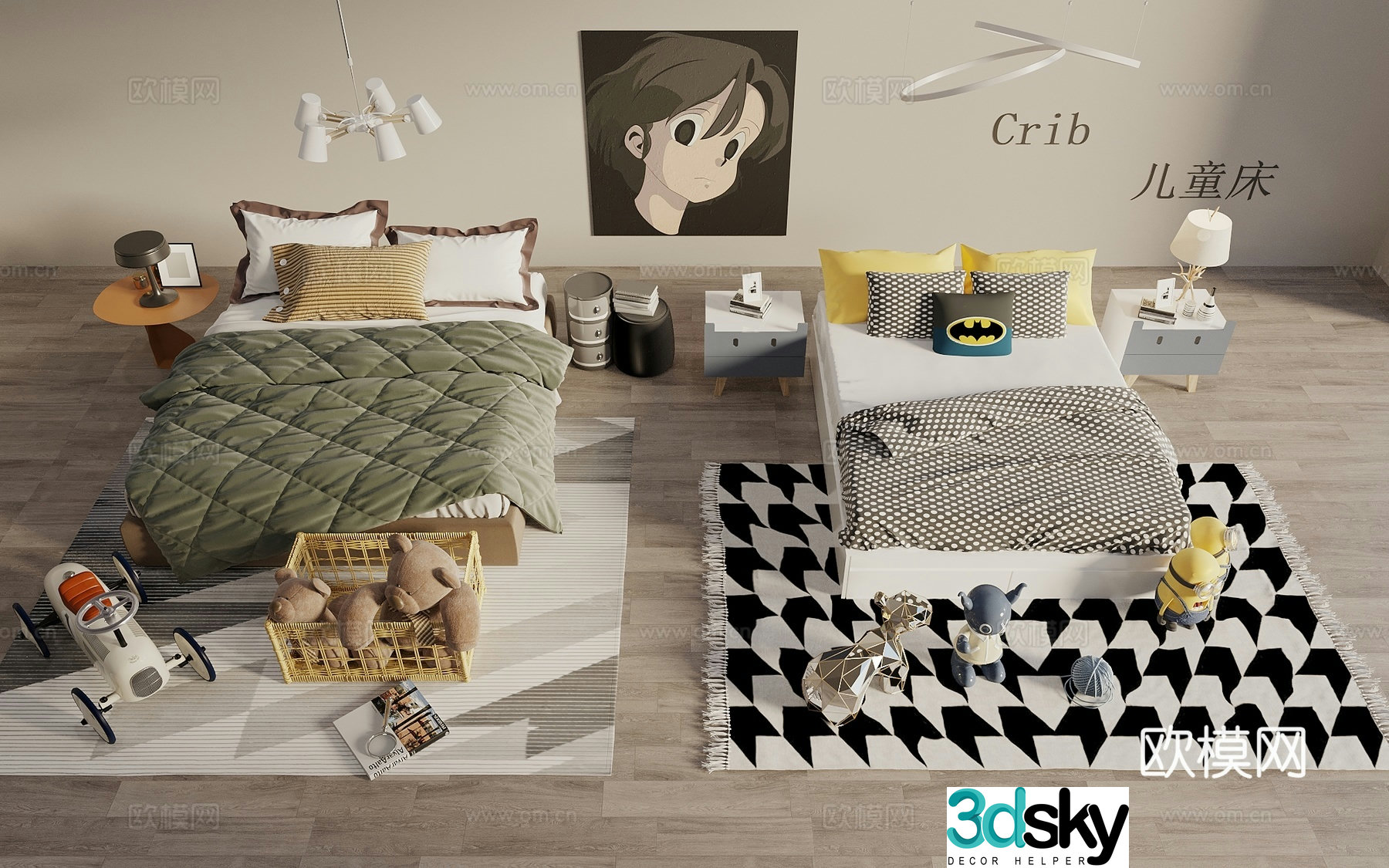 Modern children’s bed nightstand toys chandeliers hanging painting 3d model