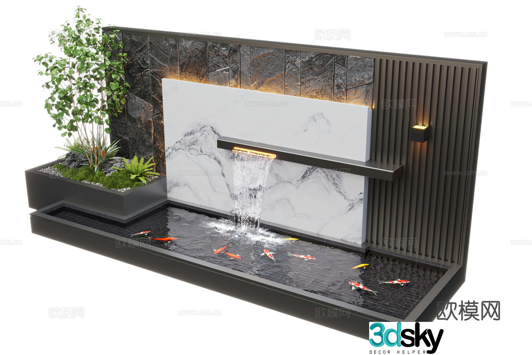 Modern courtyard waterscape waterscape wall stacked water landscape plants fish pond 3d model