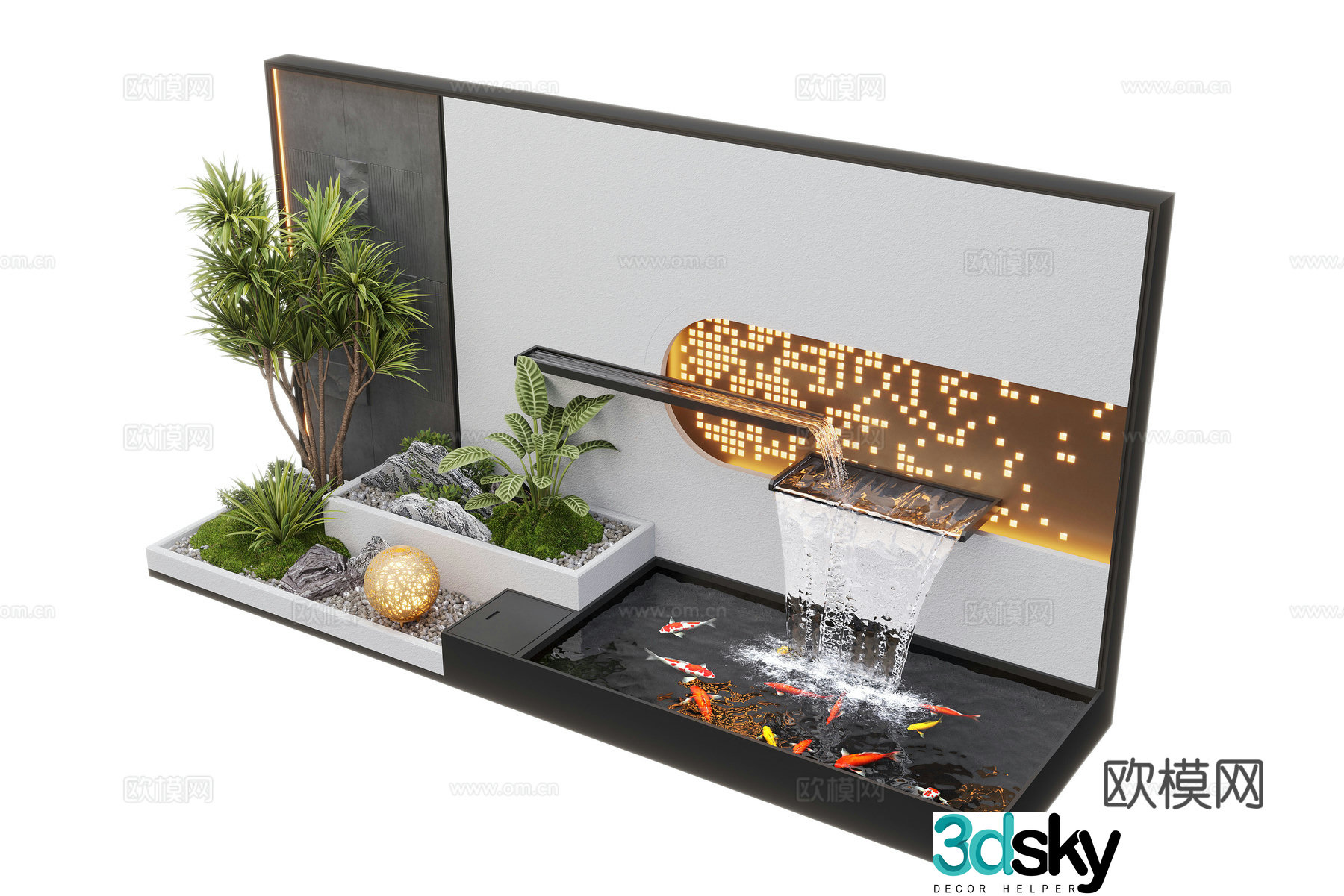 Modern courtyard waterscape waterscape wall stacked water landscape plants fish pond 3d model