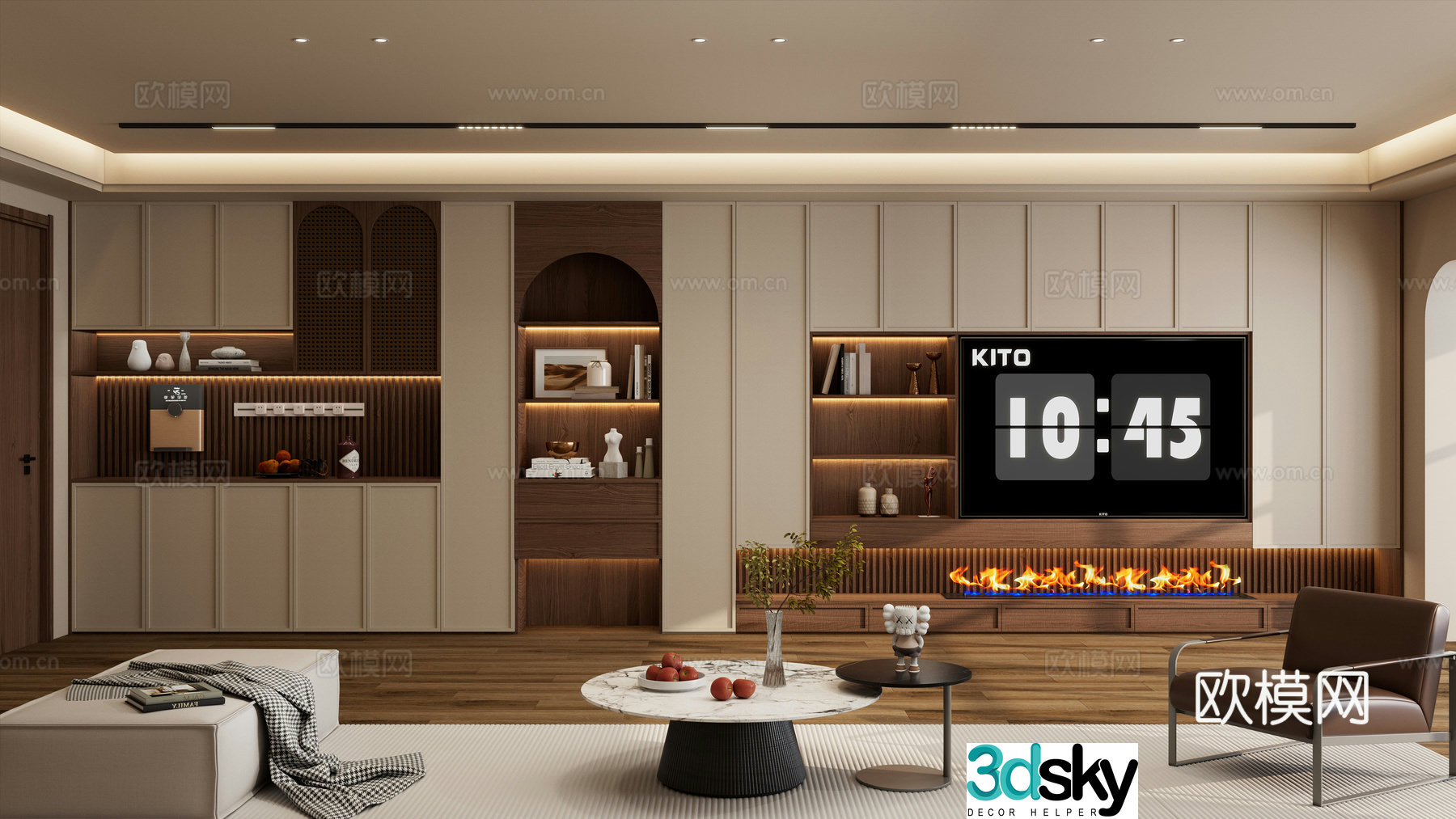 Middle style Cream style Skeleton line Flame fireplace Inlaid TV Full Wall Cabinet TV Wall 3D Model