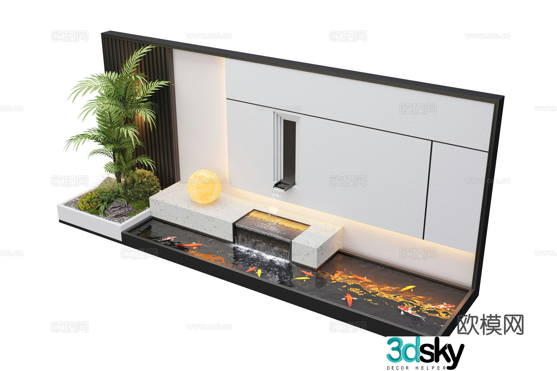 Modern courtyard waterscape waterscape wall stacked water landscape plants fish pond 3d model