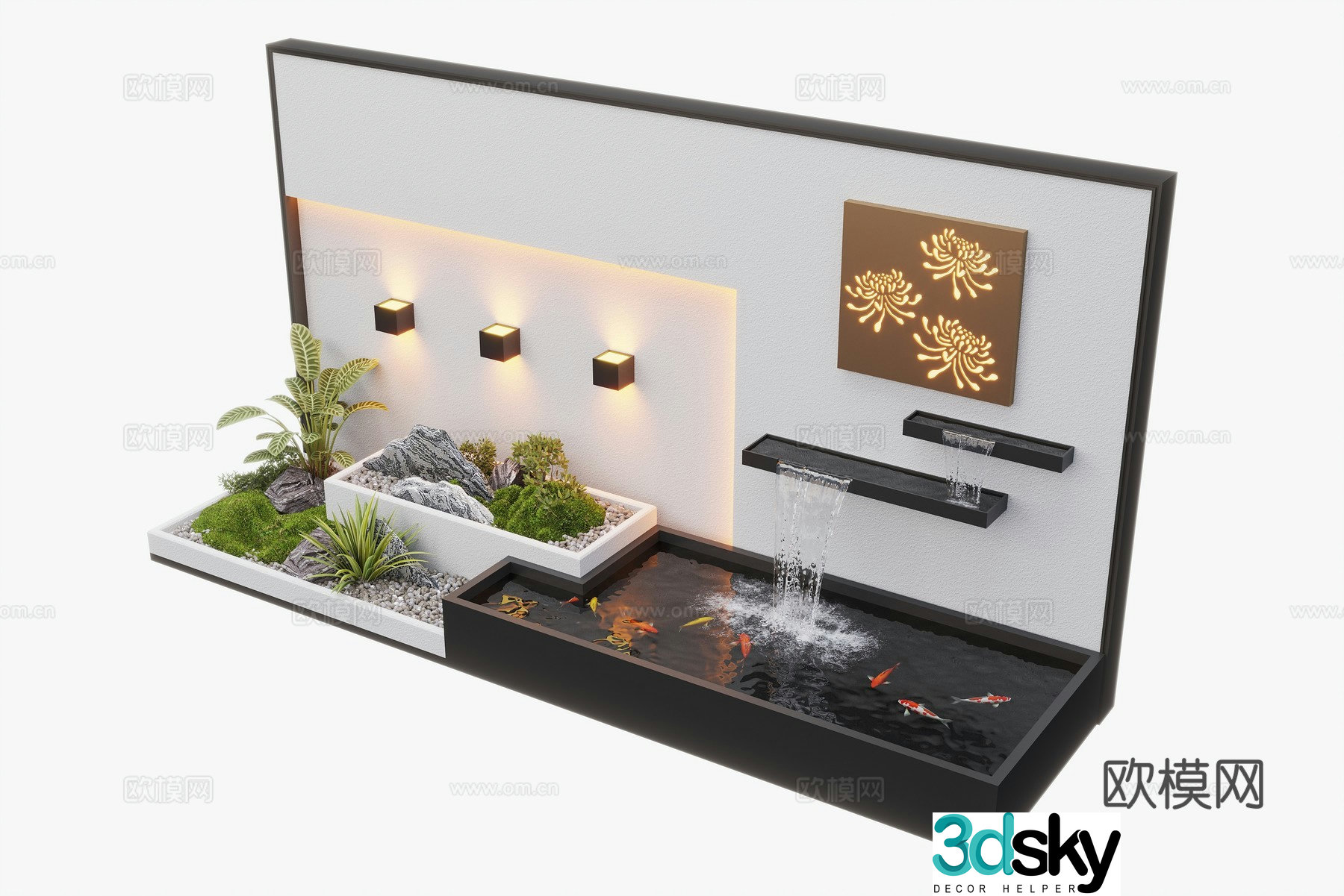 Modern courtyard waterscape waterscape wall stacked water landscape plants fish pond 3d model