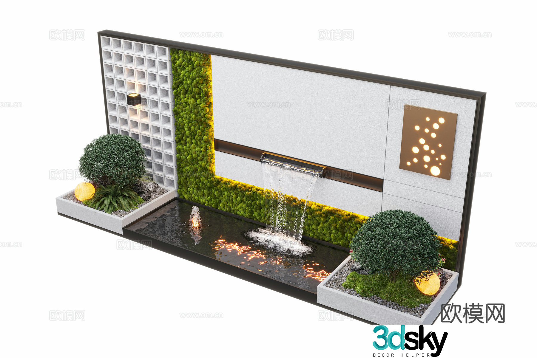 Modern courtyard waterscape waterscape wall stacked water landscape plants fish pond 3d model