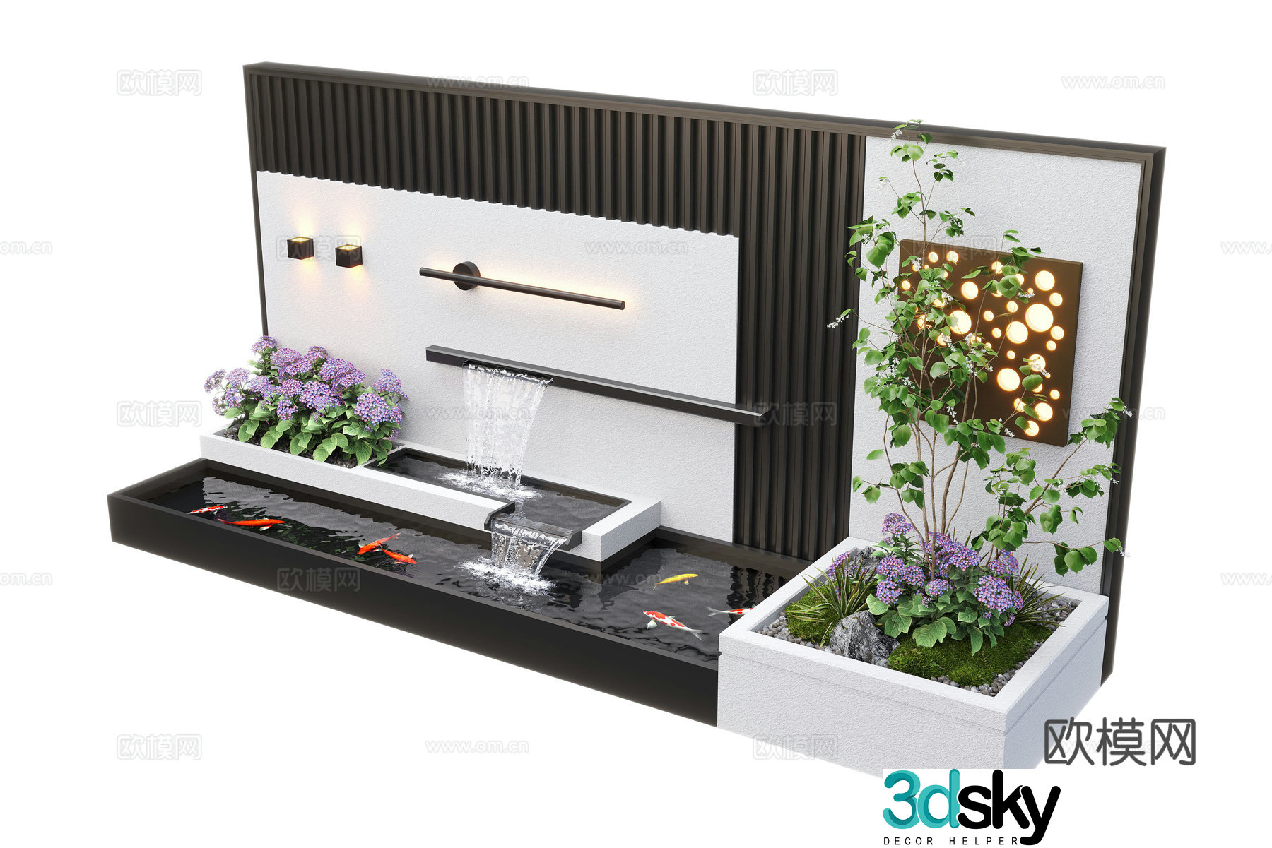 Modern courtyard waterscape waterscape wall stacked water landscape plants fish pond 3d model
