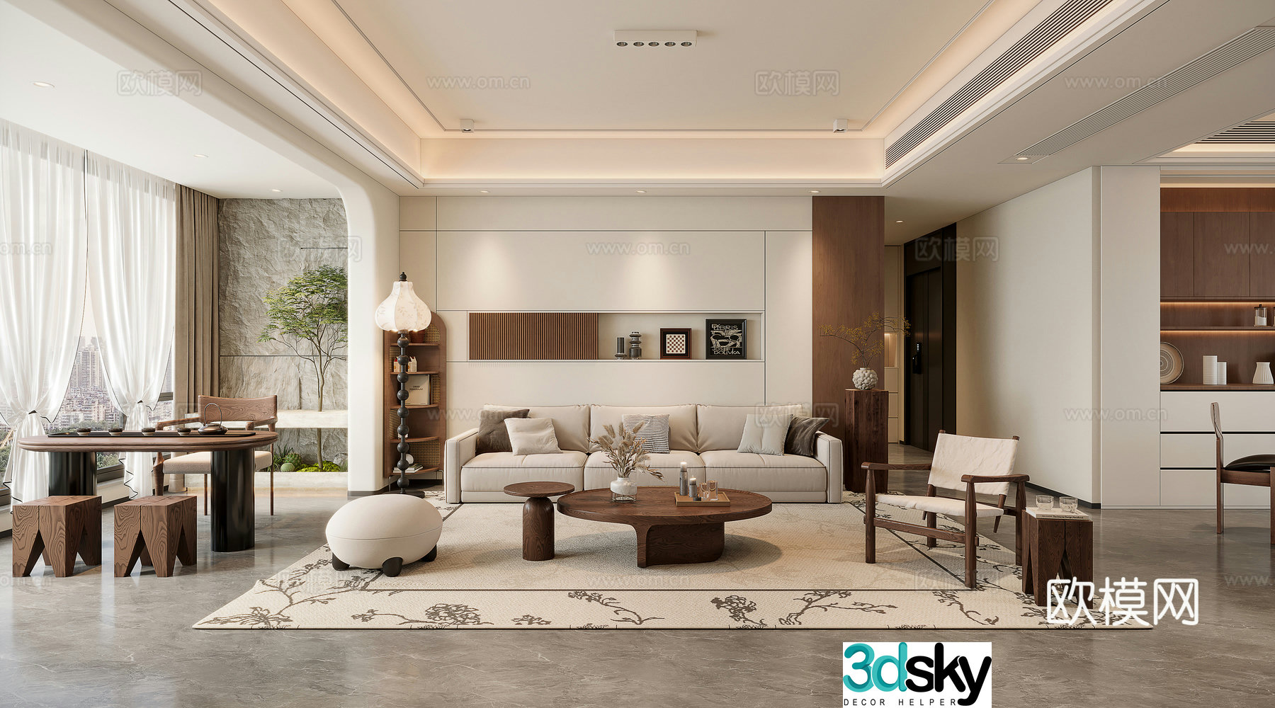 Middle style living room sofa background tea table 3d model