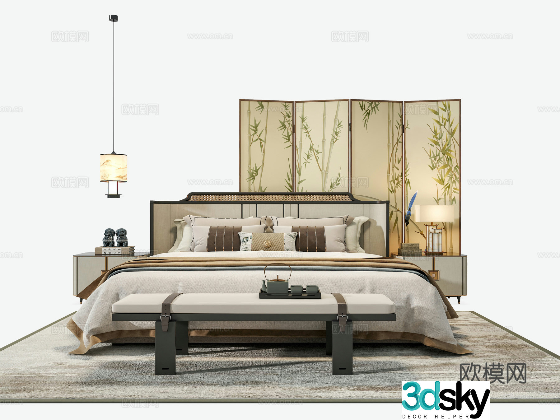 Zen New Chinese Style Bedroom Fabric Double Bed Song Dynasty Aesthetic Screen Song Family Bedside Table Pendant Light 3D Model