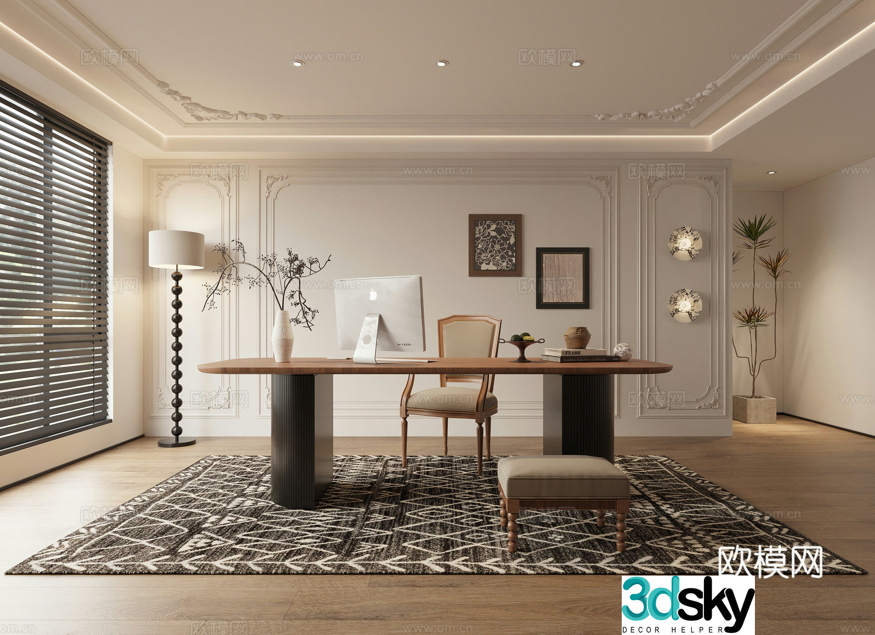 American retro study French medieval study desk chair office desk floor lamp hanging painting wall decoration wall lamp 3d model