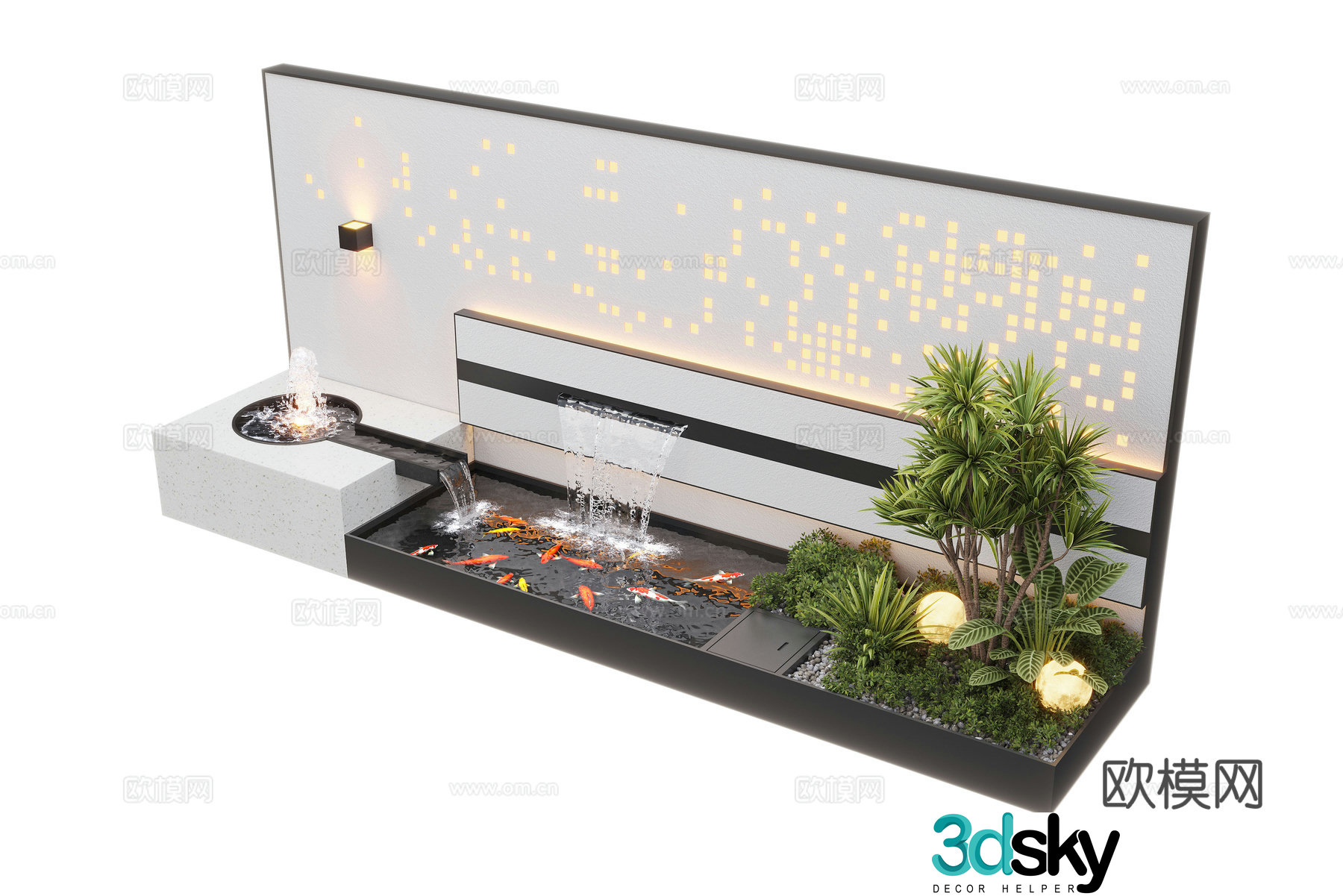 Modern courtyard waterscape waterscape wall stacked water landscape plants fish pond 3d model
