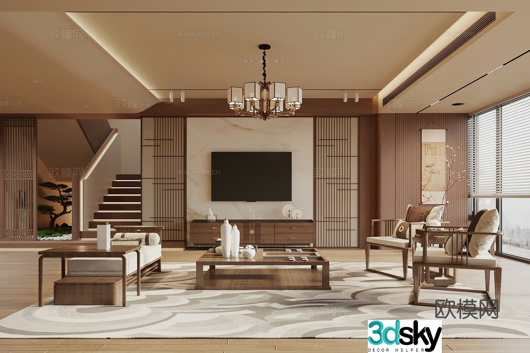 Song style new middle living room leisure chair and coffee table combination TV background wall interior landscape 3D model