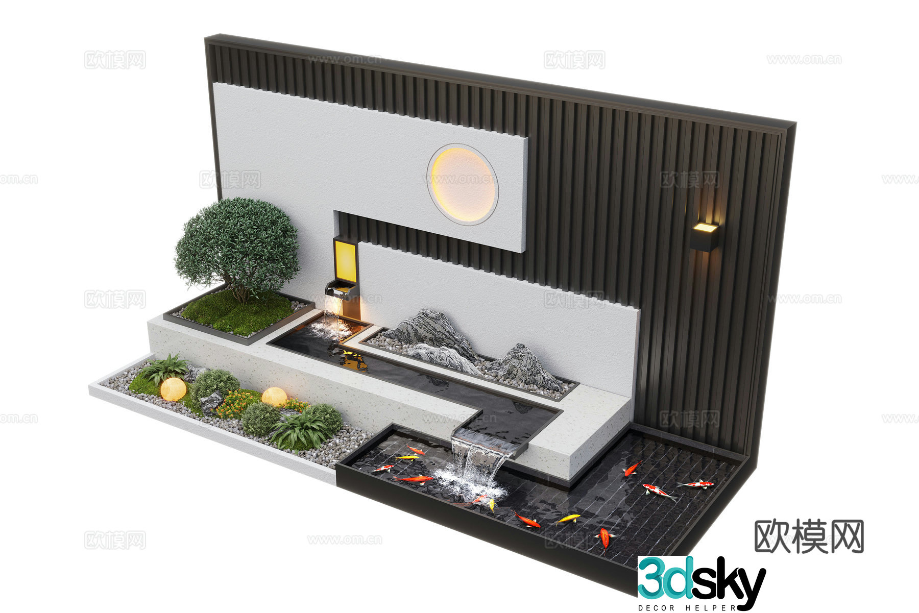 Modern courtyard waterscape waterscape wall stacked water landscape plants fish pond 3d model
