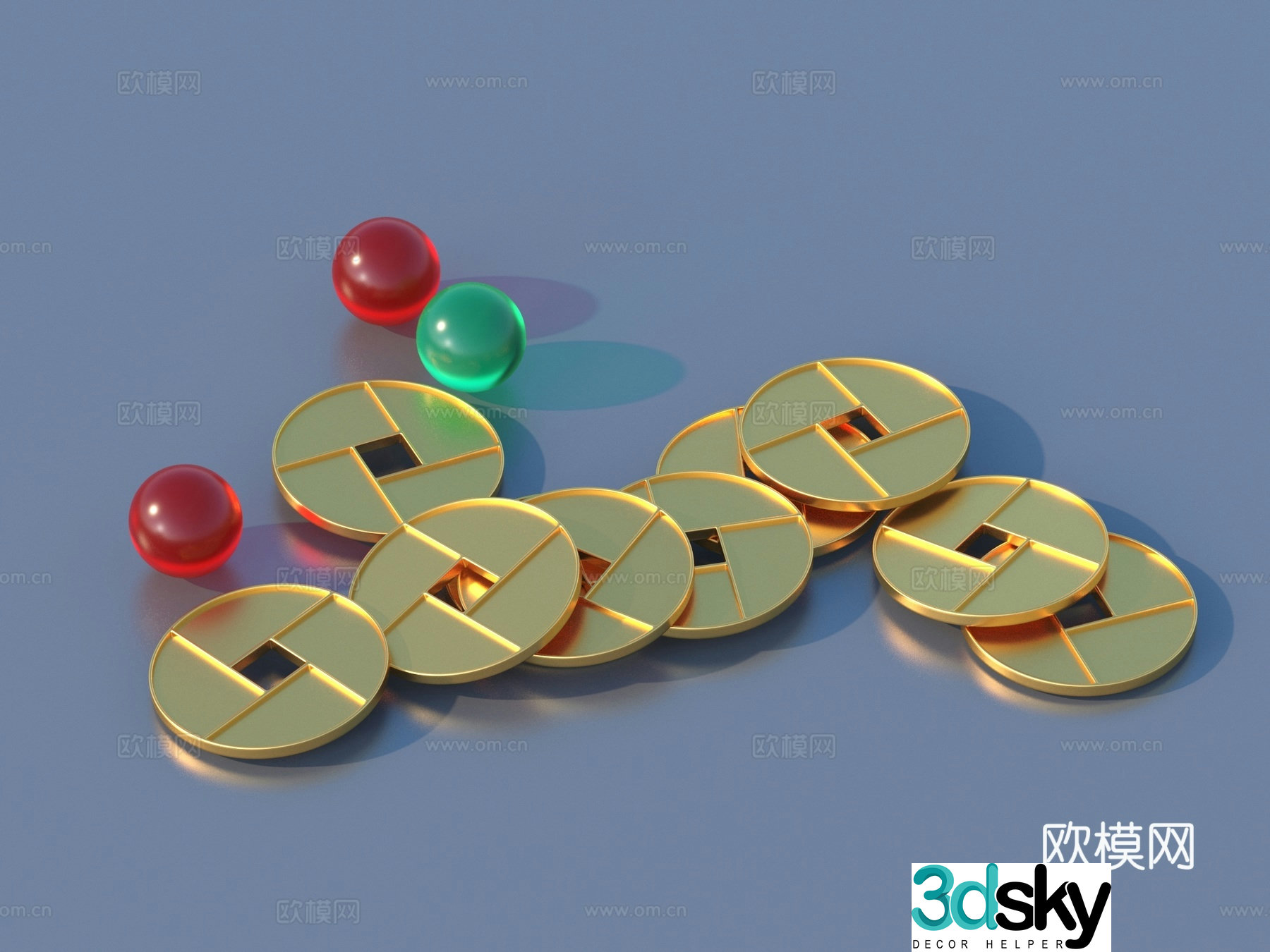Copper coins gold coins glass balls 3D model