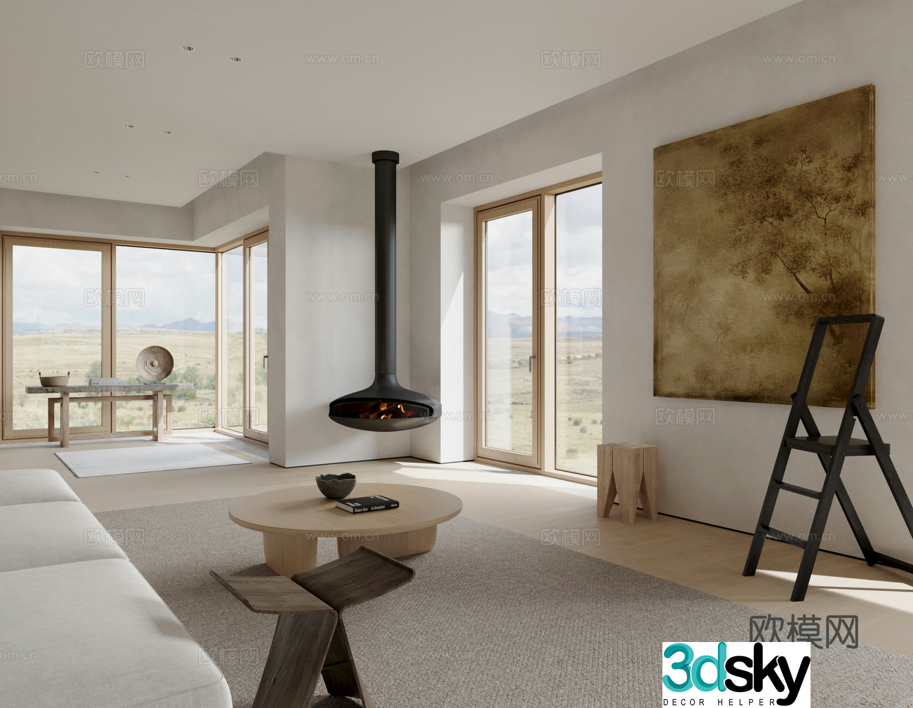 Modern Creamy Living Room 3D Model