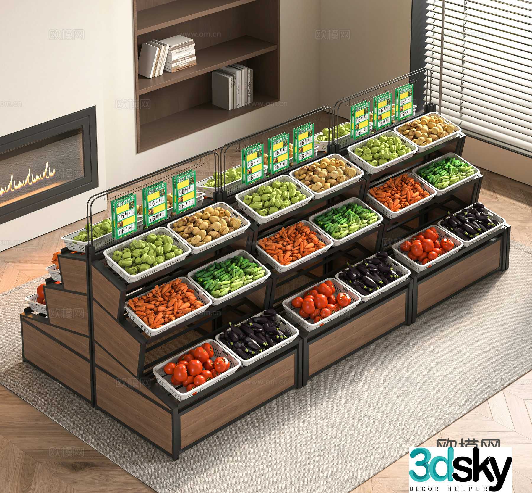 Modern fresh fruits and vegetables shelves 3D model