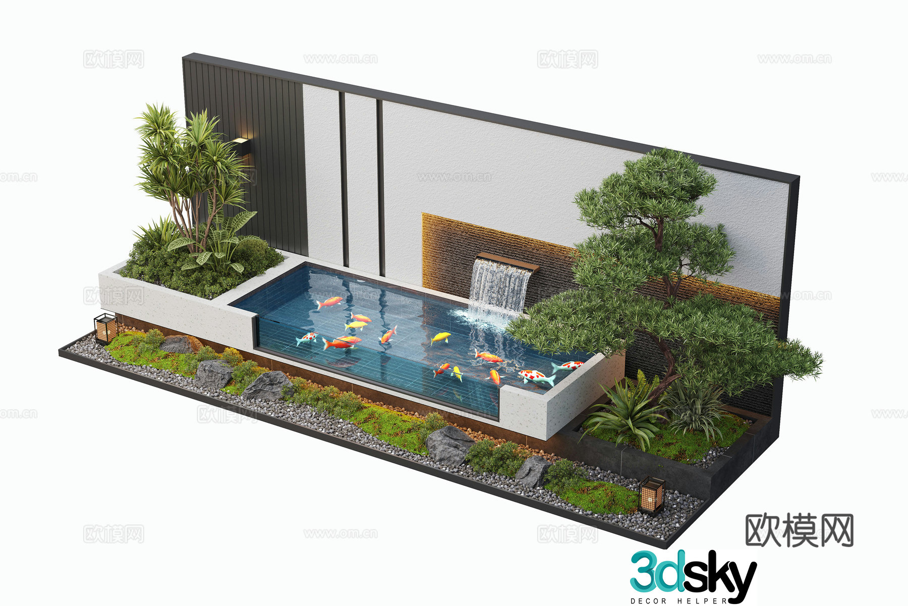 Modern courtyard waterscape waterscape wall stacked water landscape plants fish pond 3d model