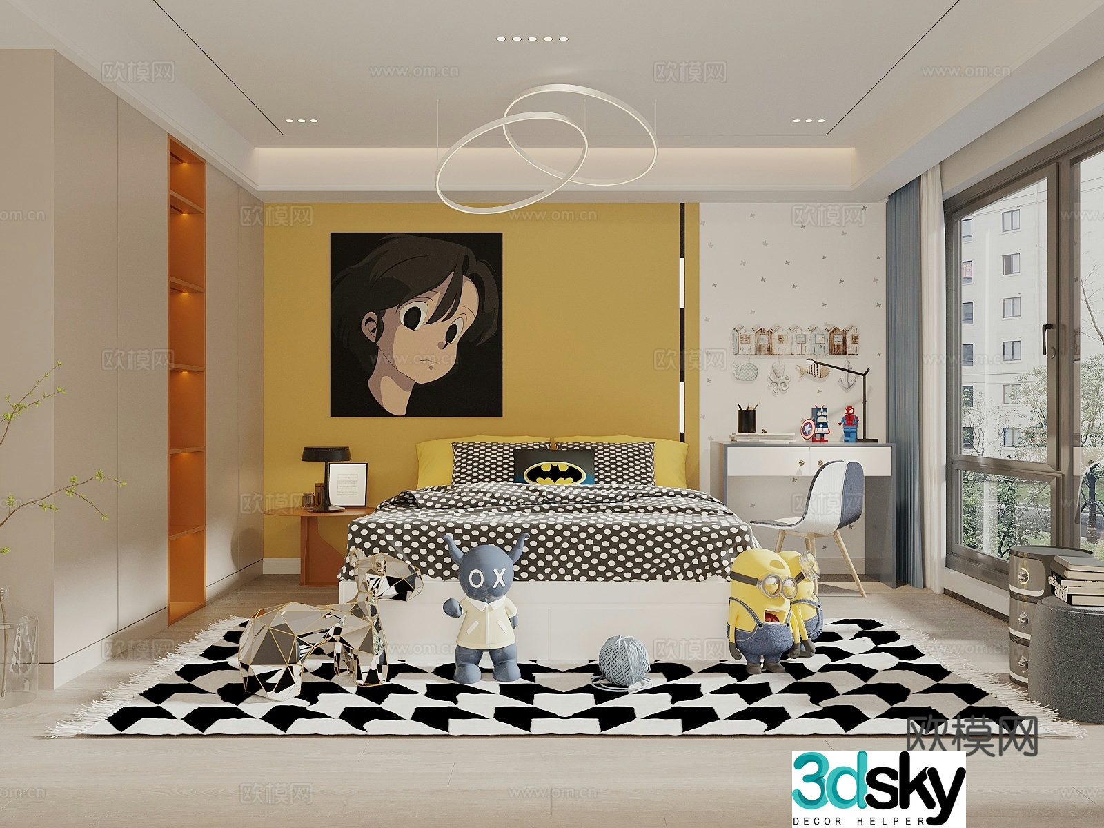 Modern boys and children’s room children’s bed study table and chair combination wardrobe chandeliers paintings toys 3d model