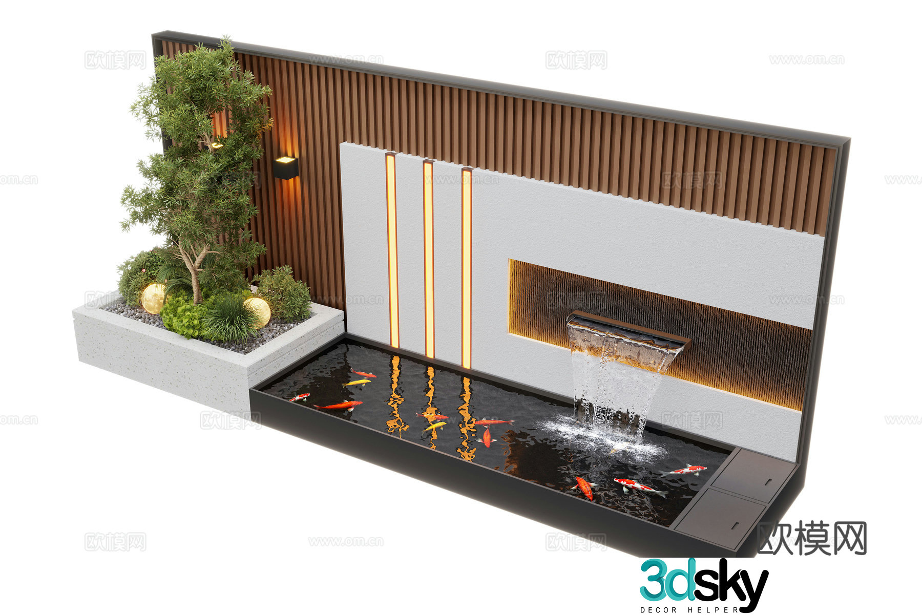 Modern courtyard waterscape waterscape wall stacked water landscape plants fish pond 3d model