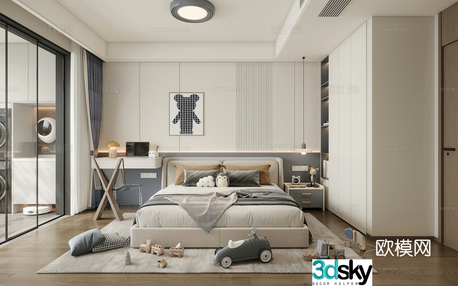 Modern Cream Style Boy Room Desk 3d Model 3d Model