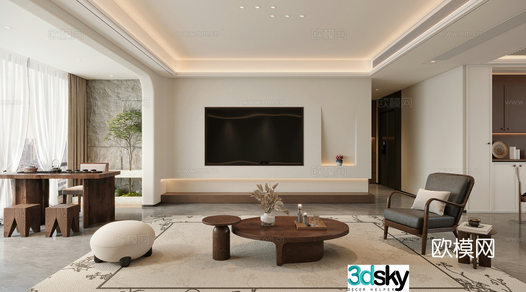 Middle style living room TV background tea table 3d model