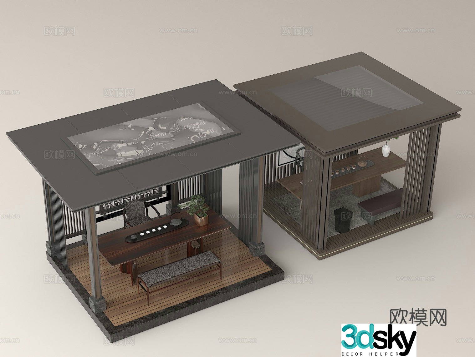 Outdoor leisure space New Chinese-style tea room Zen tea house Ancient style building Wooden tea table 3D model