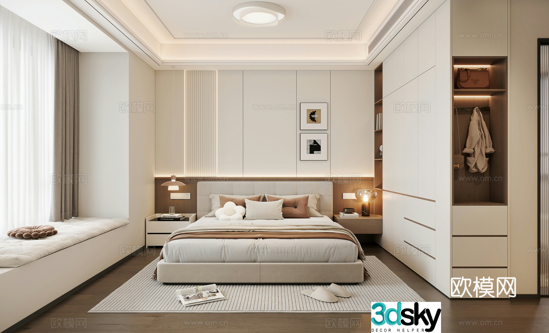 Modern creamy bedroom 3d model