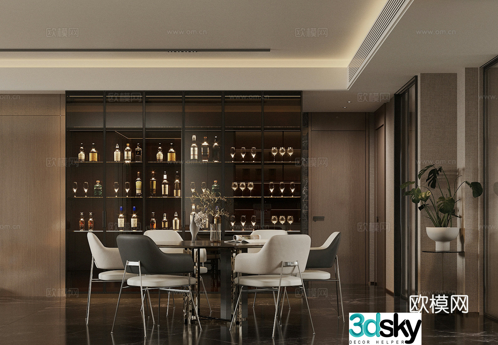 Modern Italian home restaurant Light luxury Italian restaurant Premium gray restaurant Black and white gray restaurant Round table 3D model