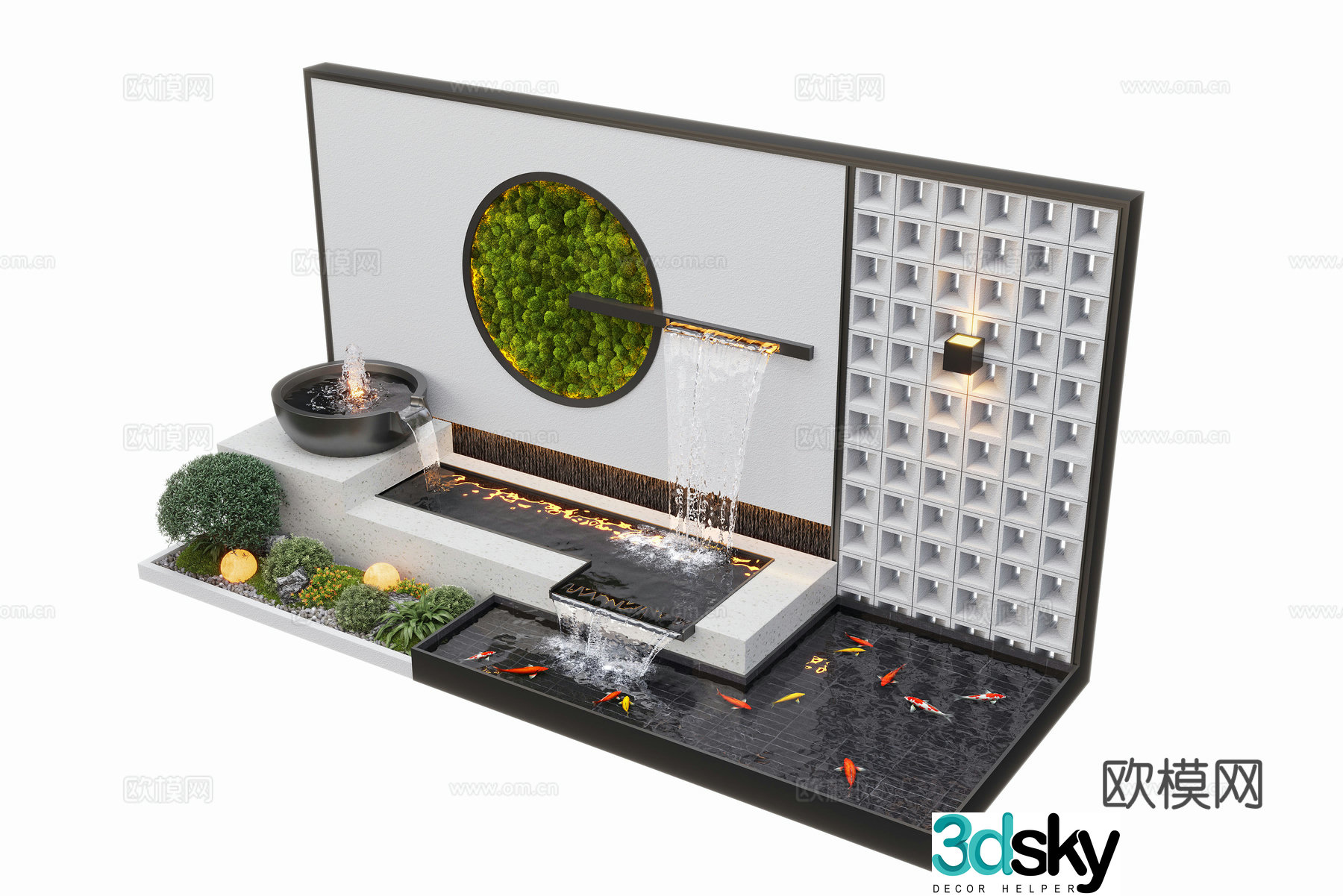 Modern courtyard waterscape waterscape wall stacked water landscape plants fish pond 3d model