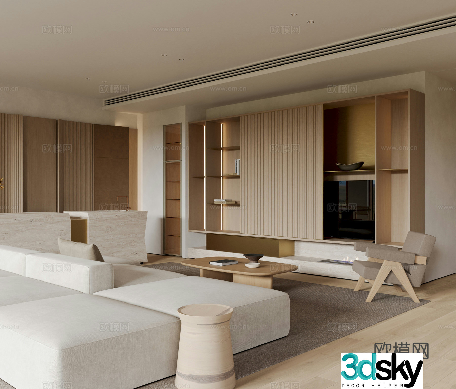 Modern Creamy Living Room 3D Model