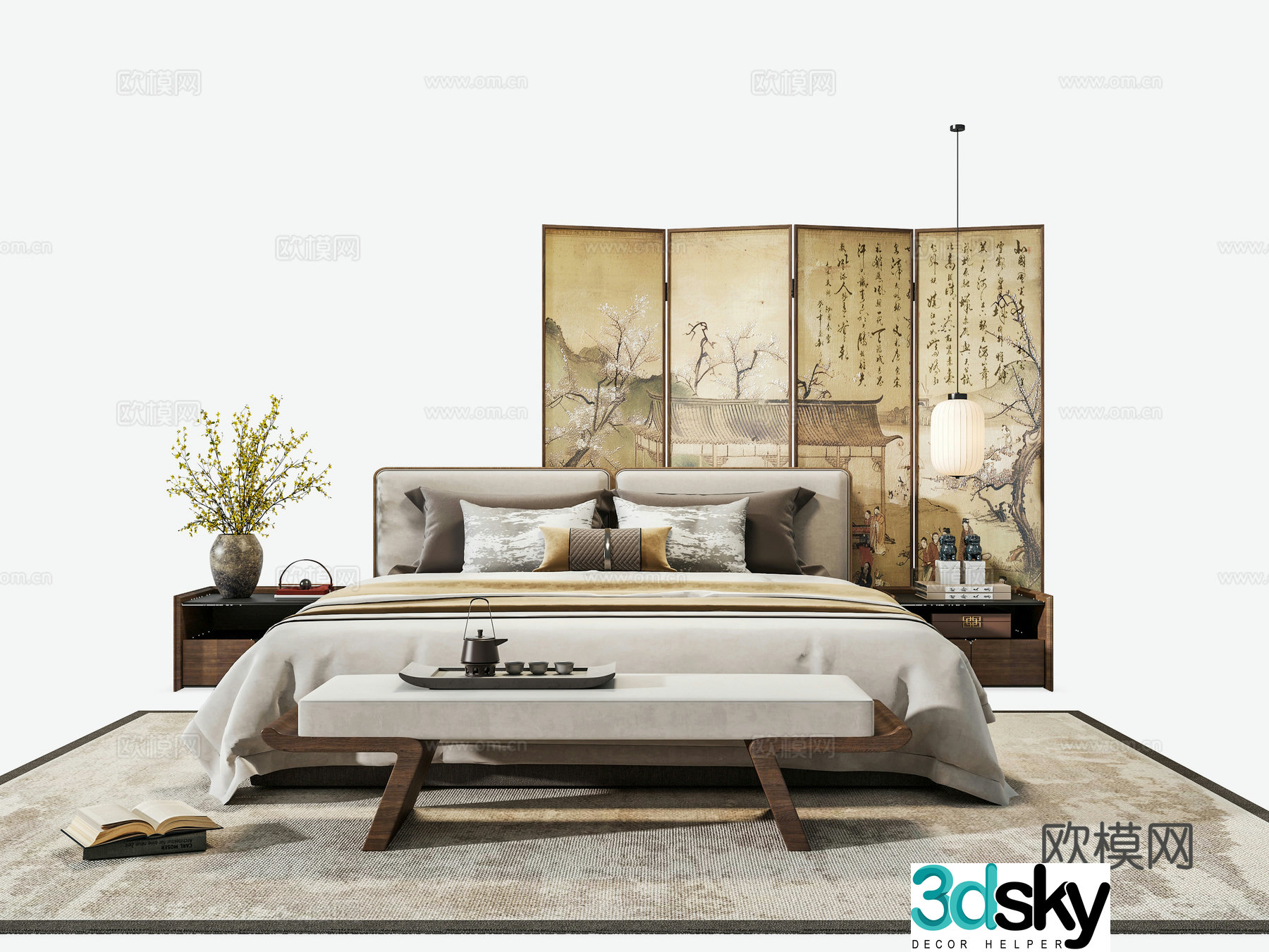 Zen new Chinese style master bedroom fabric double bed bed nightstand hanging line light Song style folding screen master bedroom bed 3D model