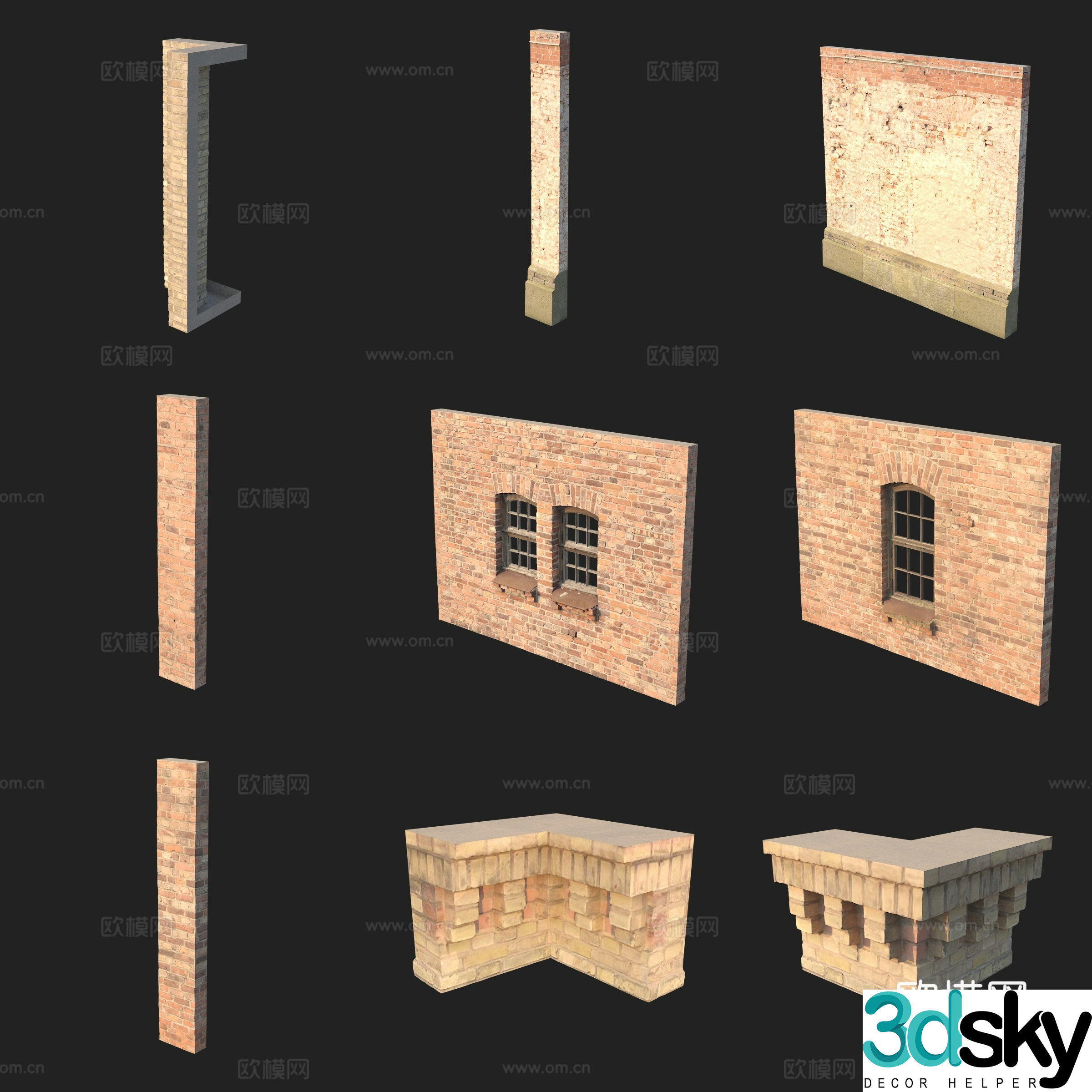 Doors and windows red brick wall column 3D model