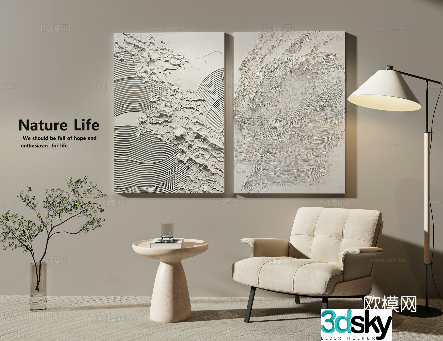 Modern Wasabi Black and White Hanging Painting Texture Decoration Painting Black and White Texture Abstract Painting Casual Sofa 3D Model