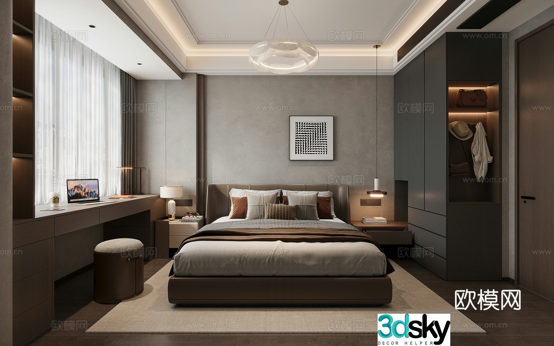 Modern premium gray bedroom desk 3d model
