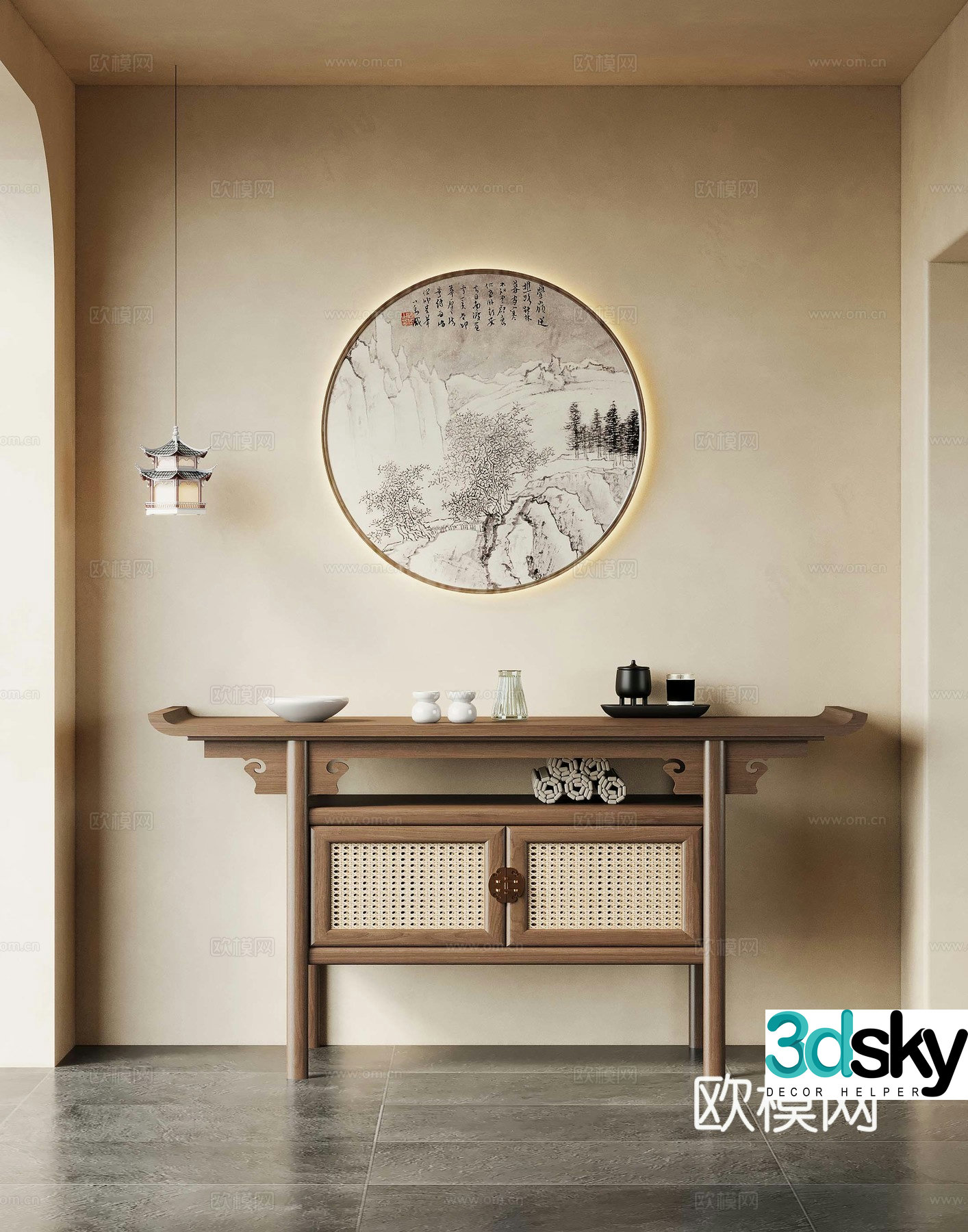 New Chinese style entrance cabinet end view cabinet chandelier 3D model